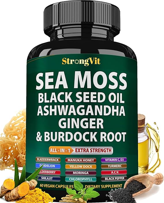 StrongVit Sea Moss Black Seed Oil Ashwagandha Ginger, Organic Sea Moss Capsules with Burdock Root, Irish Seamoss Pills with Bladderwrack, Advanced Multimineral Supplement, USA
