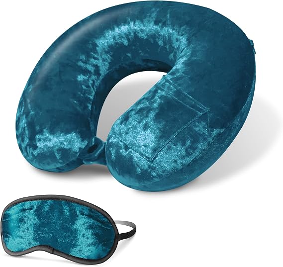 Cloudz Luxe Crushed Velvet Ultra Premium Comforlite Memory Foam Airplane Travel Neck Pillow with Matching Luxuriously Soft Black Out Sleep Mask - Teal