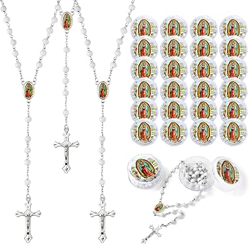 Brilucky 24 PCS White Rosary Beads Bulk For Baptism Favors,Lady Guadalupe Rosarios Catolicos First Communion Favors For Guests,Rosary Beads Necklace Gifts For Christian Quinceanera Party