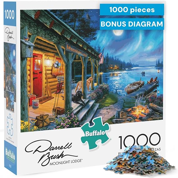 Buffalo Games Darrell Bush - Moonlight Lodge - 1000 Piece Jigsaw Puzzle - Multicolor, Rectangular - Includes Poster - 1000 Piece Puzzle for Adults - Scenic Landscape