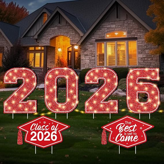 2026 Graduation Yard Sign Decorations with LED String Light, Large 2026 Yard Signs with Stakes Class of 2026 Light Up Lawn Yard Signs for Outdoor Congrats Grad Party Pathway Decor Supplies(Red)