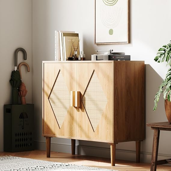 Garvee Set of 2 Buffet Cabinets with Rattan Decorated Doors, Storage Sideboards for Living Room, Dining Room, Entryway, Natural Finish Accent Cabinets, Space-Saving, Perfect for Organizing Dinnerware