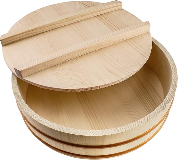 Kichgather Wooden Sushi Rice Bowl with Lid Hangiri Sushi Oke Sushi Rice Mixing Tub (11.8 with lid)