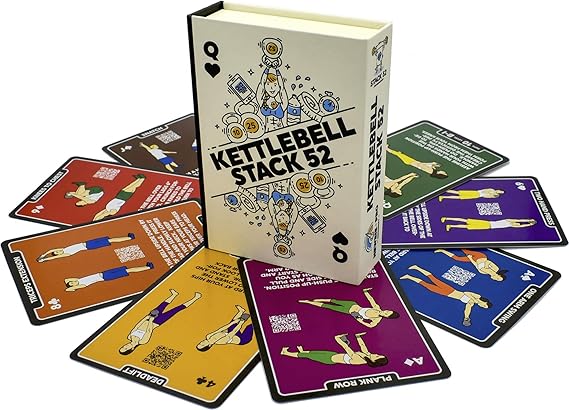 Stack 52 Kettlebell Exercise Cards. Workout Playing Card Game. Video Instructions Included. Learn Kettle Bell Moves and Conditioning Drills. Home Fitness Training Program. 2019 Updated Deck