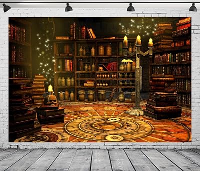 BELECO 5x3ft Fabric Magical Wizard Study Room Backdrop for Photography Ancient Library Bookshelf Magic Books Potion Skulls Candles Elves Magician Tarot Alchemy Backdrop Photo Booth Studio Props