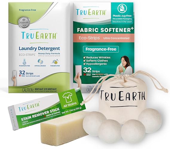 Tru Earth Platinum Laundry Essentials Bundle - Laundry Detergent Bundles Set with Fabric Softener, Laundry Sheets, Stain Remover Stick and Dryer Balls - Fragrance Free