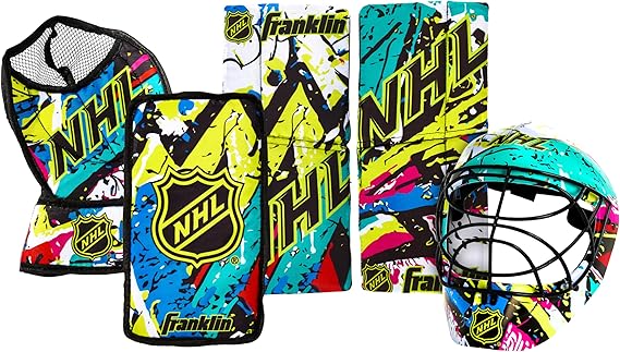 Franklin Sports NHL Youth Knee Hockey Goalie Pads + Helmet Set - Kids Knee + Mini Hockey Goalie Gear + Equipment - (2) Leg Pads, Catch Glove, Blocker + Mask Included - Graffiti
