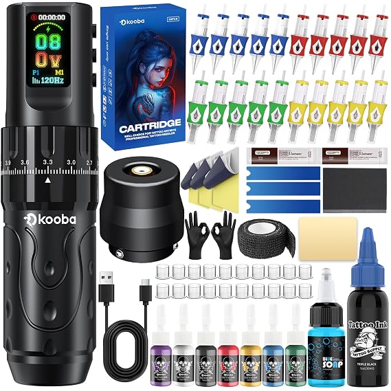 KOOBA Wireless Tattoo Machine Pen, 1800mAh Battery Rotary Tattoo Gun with 5 Stippling Modes, 7 Stroke Length, 3 Memory Function, RCA Converter & Cartridge Needles for Beginners Tattoo Artists