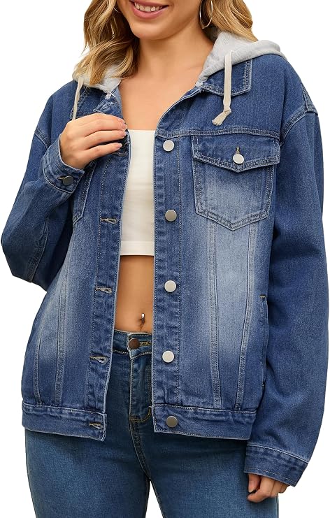 Women's Denim Jacket with Hood Oversized 2025 Fall Casual Hooded Jean Jacket