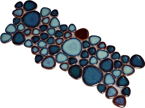 Blue Green Ceramic Pebble Mosaic Sample Wall & Floor Tile | Glossy Irregular Rounded Shapes, Crystal Glaze for Shower Wall, Bathroom Floor, Kitchen Backsplash and Pool Areas