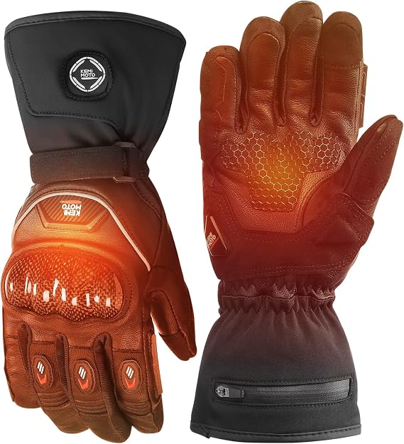 KEMIMOTO Heated Motorcycle Gloves for Men with Hard Protective Shield, Carbon Nanotube Heating Gloves, 7.6V 3000mAh Rechargeable Battery, Waterproof, Windproof, Touchscreen