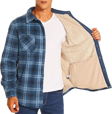 HODOSPORTS Mens Flannel Shirts Jacket Fleece Sherpa Lined Heavyweight Button Down Plaid Shirts Coat Long Sleeve with Pockets