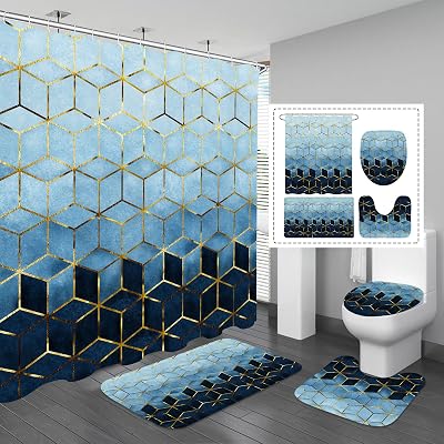 Gibelle 4 Pcs Bathroom Shower Curtain Set with Non-Slip Rugs, Toilet Lid Cover and Bath Mat, Blue Gradient Gold Cubic Lines Luxury Bathroom Decor Set with Shower Curtain and Rugs and Accessories