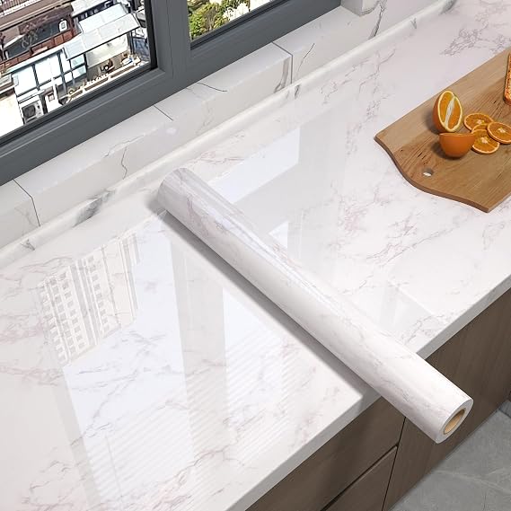 Gray/White Glossy Marble Contact Paper Wallpaper Peel and Stick 23.6"x197"