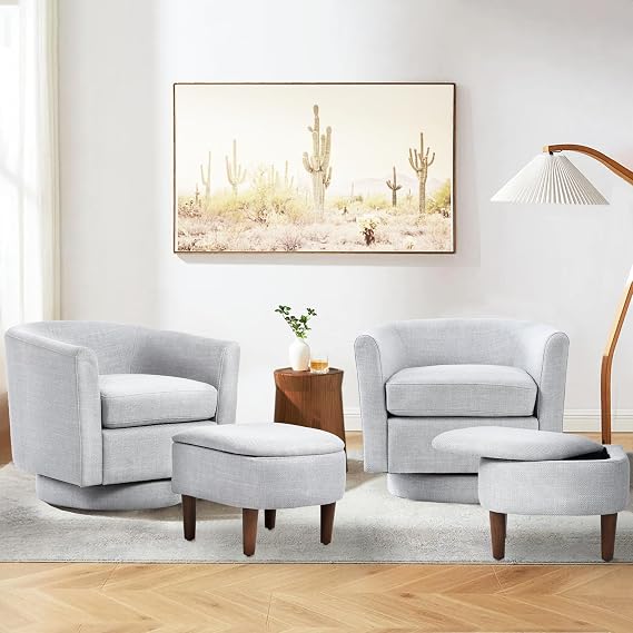 COLAMY Upholstered Swivel Barrel Accent Chair with Ottoman, Modern Single Sofa Lounge Armchair Club Chair with Storage Space for Living Room Bedroom Office, Light Grey, Set of 2