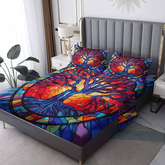 Tree of Life Sheets Twin Size Bed, Mosaic Colorful Art Pattern Bedding Sheets & Pillowcases - 16 Inch Deep Pocket, Super Soft Microfiber Printed Sheet Set 3 Piece