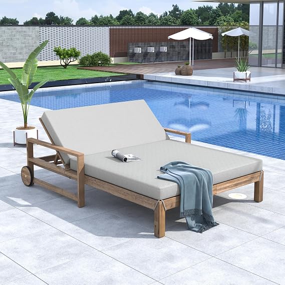 LUMISOL Outdoor Patio Daybed with Movable Wheels, Wooden Farmhouse Sunbed with Cushions, Outdoor Furniture Seating 2 People for Poolside Lawn Backyard, Grey