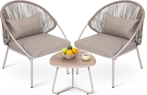 NUU GARDEN Outdoor 3 Piece Bistro Set, Woven Rope Chair with Zippered Cushions, All Weather Patio Conversation Set for Balcony, Deck, Backyard, Balcony, Porch, Poolside, Grayish Brown and White