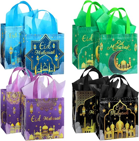 Locmeo 16 Pcs Eid Mubarak Gift Bags with Tissue Paper Ramadan Goodies Bags with Handles Reusable Multifunctional Non Woven Eid Gift Bags for Muslim Party Favor Treat Gift Wrapping Decoration Supplies