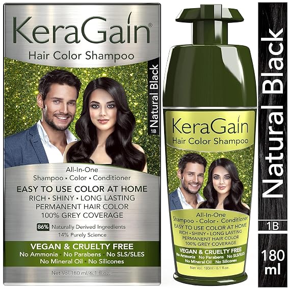Kera-Gain Hair Color Shampoo (Natural Black,180ml) PPD Free, Ammonia Free Permanent Hair Colour For Women & Men, |Vegan & Cruelty-Free| Keratin Treatment Included