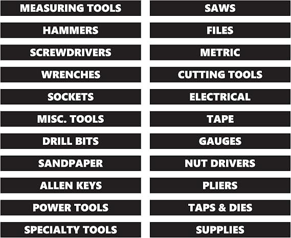 Toolbox Magnetic Labels Black | 0.5H x 4.5W Size | 22-Piece Basic Set by DCM Solutions | Tool Drawer Organizer | Bold, Easy-to-Read | Strong Hold Magnets | Made in USA | Garage & Shop Use