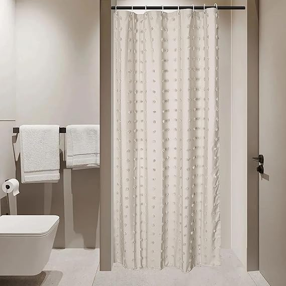 Siiluminisoy Small Stall Boho Shower Curtain Woven Fabric Cute Beige Shower Curtain, 36 x 72 Tufted Pleat Floral Textured Modern Farmhouse Minimalist Shower Curtain Set with Hooks for Bathroom