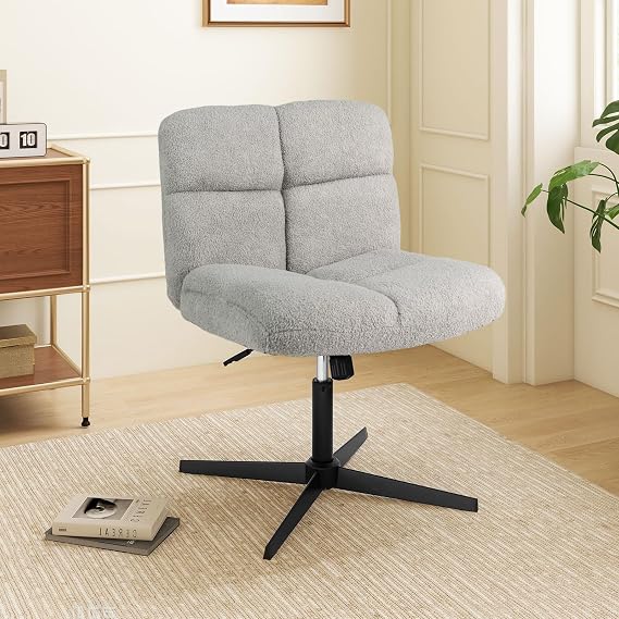 GIANTEX Criss Cross Chair, Armless Cross Legged Office Chair, Faux Fur Adjustable Swivel Ergonomic Desk Seat No Wheels, Modern Wide Makeup Task Vanity Chair for Home, Light Gray