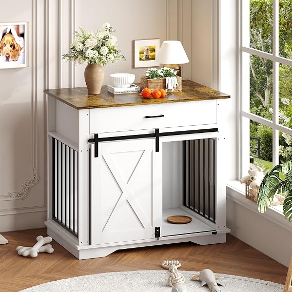 Farmhouse Style Dog Crate Furniture 37.8 x 23.62 x 34.25in, Indoor Wooden Dog Kennel with Sliding Barn Door, Buffet Cabinet with Storage Drawer