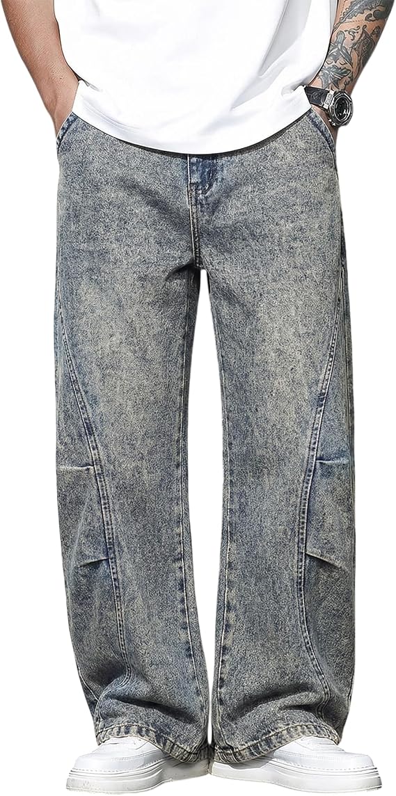 Mens Baggy Jeans Wide Leg Casual Irregular Sutures Denim Pants