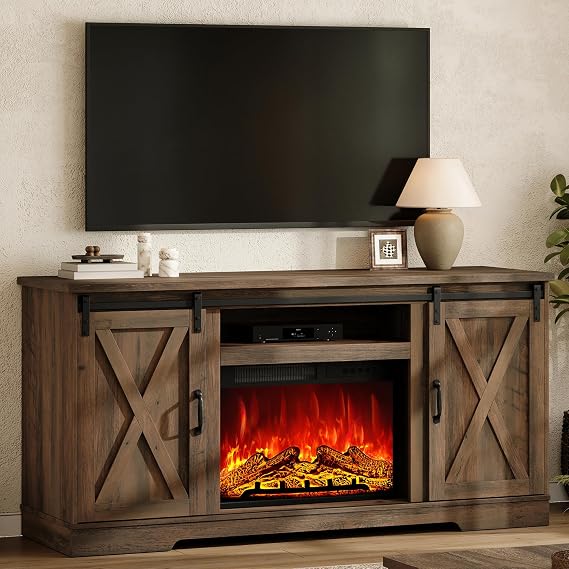 AMERLIFE 59" Fireplace TV Stand for TVs up to 65" with Sliding Barn Doors