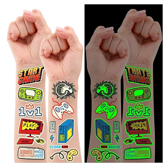 Partywind Luminous Video Game Party Supplies Temporary Tattoos for Kids, 158 Styles Glow Gamer Gaming Birthday Decorations for Boys Party Favors, Fake Tattoo Stickers for Gamer