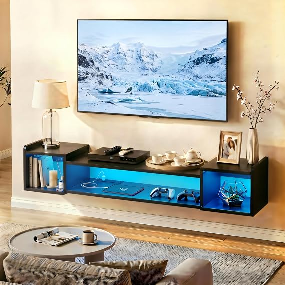 55.1" W Floating TV Stand with LED,Power Strip for 50/55/60/65" TV Black