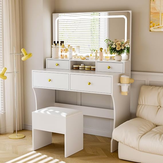 Pamapic Vanity Desk with Upgraded Silent Slides, Golden Handles 3 Lighting Modes Small Vanity with Charging Station, Makeup Table with Lights and Soft Cushion Stool