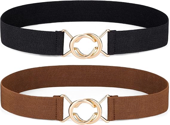 maikun 2 Pack Elastic Belts Women, Fashion Gold Buckle Ladies Waist Belt