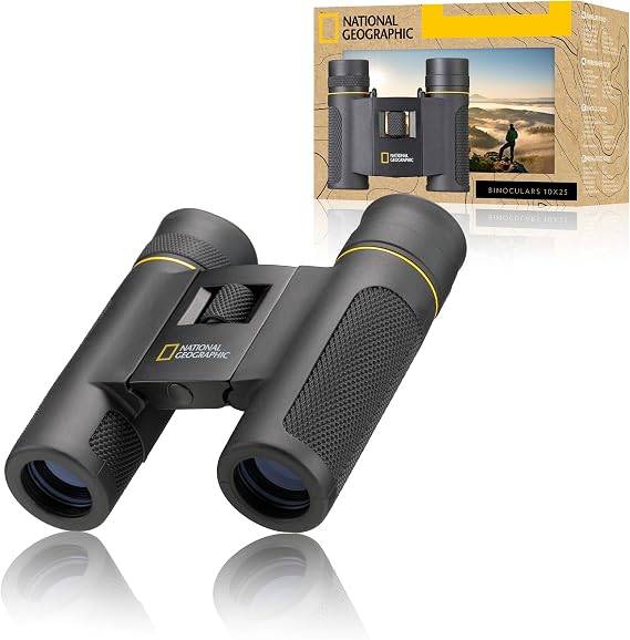 National Geographic 10 x 25 pocket binoculars with foldable eyecups for people who wear glasses, rubber coating, full coating, folding function and transport bag | 10x Magnification 101 m Field of View Foldable Gummed Body Weight 285g Nylon Case