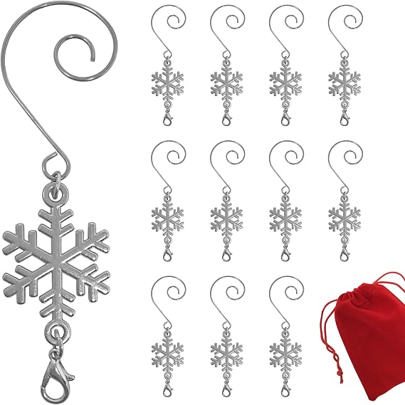 Snowflake Christmas Ornament Hooks Set of 12, Shiny Silver Christmas Tree Hangers with S-Hook and Lobster Claw, 3.5 Inch Metal Snowflake Accessories for Xmas Tree Decor, Crafts, Holiday Displays