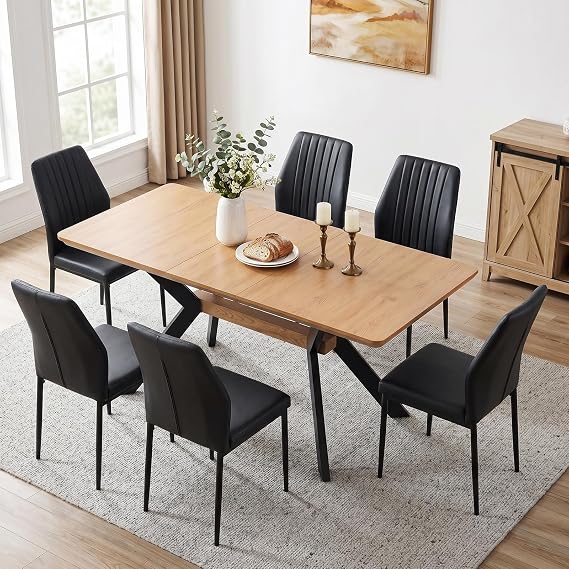 JIEXI 6 Seater Dining Table and Chairs Set, 140-180 cm Extendable Rectangular Kitchen Table with Oak Effect Tabletop, 6 Upholstered High Back Chairs for Kitchen and Dining Room