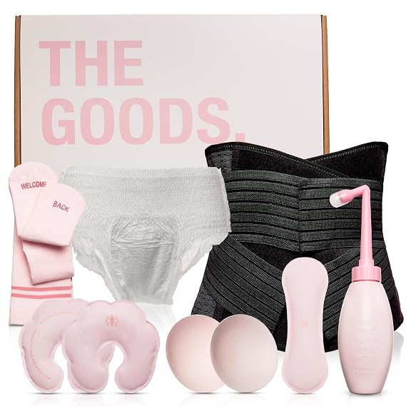 The Goods Postpartum Recovery Kit for New Moms - Labor, Delivery & Perineal Essentials with Core Support Binder, Diapers, Peri Bottle, and Soothing Pads
