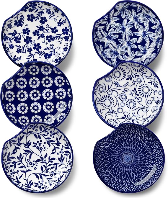 vancasso 6-Pack Ceramic Spoon Rest for Stove Top, Decorative Ceramic Cooking Spoon Holder for Kitchen Counter, 4.8 Inch Blue White Chinoiserie Floral Spoon Rest, Farmhouse Style, SELENE Series
