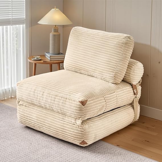 75'' Foldable Sofa Bed, Convertible Sleeper Sofa with Pillow Boneless Corduroy Foldable Couch Bed Single Sleeper Chair for Small Spaces Living Room Bedroom Studio,Beige