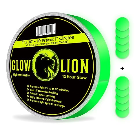 Glow Lion Glow in The Dark Tape Outdoor & Indoor for Safety, Decals & Decorations 30' x 1'' roll of Vinyl Green Fluorescent Adhesive Tape, Waterproof & photoluminescent, Sticks to Walls & Stairs