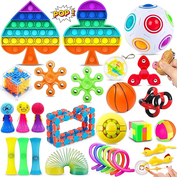 Chennyfun Rainbow Fidget Toy Set, 30Pcs Sensory Toys | For Autism ADHD, Stress Reliever with Toy Box, Push-It Toy, Magic Bean Rotating Cube, Stress Ball, Anti-anxiety Birthday Gift