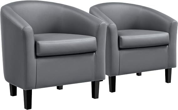 Yaheetech Barrel Chairs, Faux Leather Chairs, Modern Leather Club Chairs Comfy Gray Accent Chairs with Sturdy Wood Legs for Living Room/Bedroom/Reading Room/Waiting Room, Gray, Set of 2