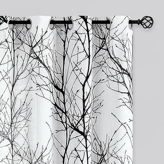 FMFUNCTEX Linen Black White Semi Sheer Print Curtains 63 Inch Long 2 Panels