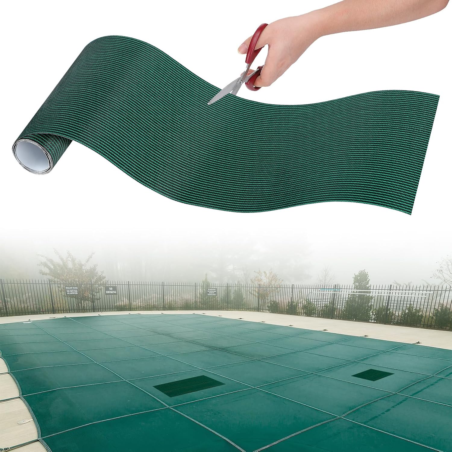 Pool Cover Patch Kit, 39x8in Cuttable Swimming Pool Cover Repair Mesh with Adhesive Backing, Tear-Resistant Green Patch for Inground Pool