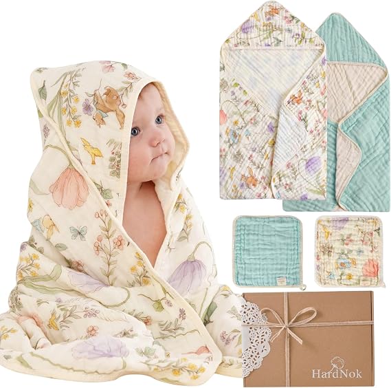 Muslin Baby Bath Towels Set Organic Cotton Blend (Garden Green) | 32x32" Towels & Washcloths, Reversible 6-Layer, Woodland Garden, Infant Beach Essentials, Baby Shower, Curated Gift Box