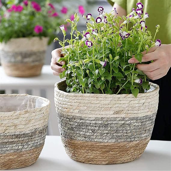 Seagrass Basket Planter, Flower Pots Cover Storage Basket Plant Containers, Plant Pots for Indoor Plants, Rustic Farmhouse Planter FJIUMOZEN (Small)