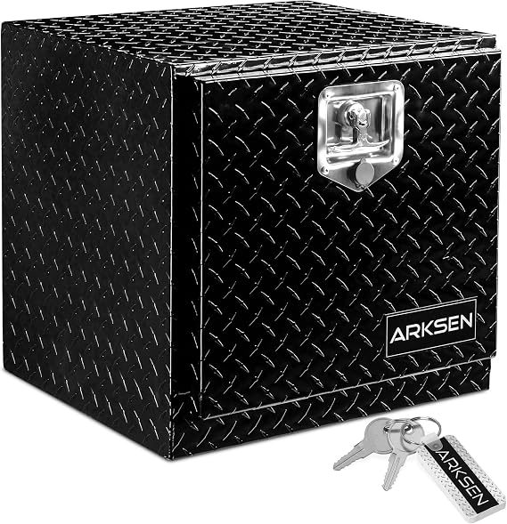 ARKSEN 18 x 17 x 18 Inch Underbody Tool Box, Heavy Duty Aluminum Diamond Plate Waterproof Square Storage Organizer Chest with T-Handle Lock & Keys for Pickup Truck, RV & Trailer Black