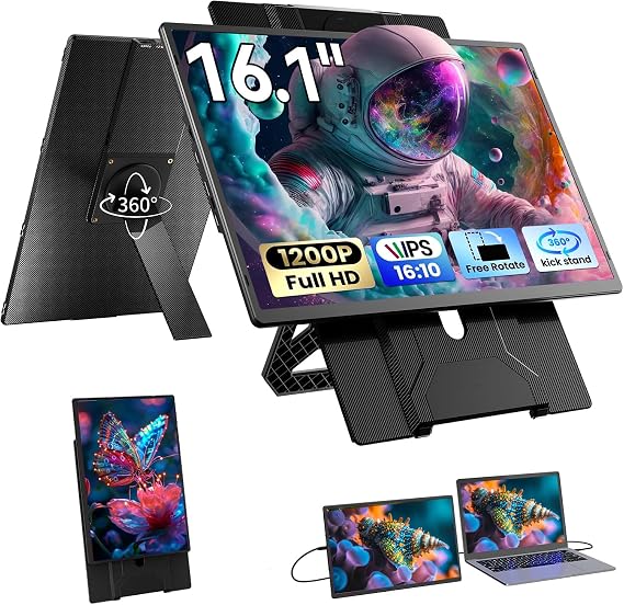 Blackview Laptop Screen Extender, 360° Rotating Detachable Stand/VESA Compatible, FHD 1200P IPS Portable Monitor, Plug and Play with HDMI, USB-A, Type-C, Supports Win/Mac/Android