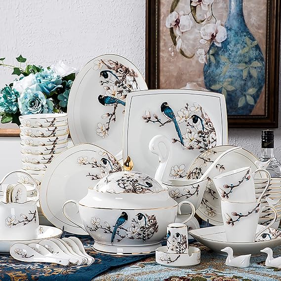 60 Pieces Dinner Set, Porcelain Kitchen Dinning Bone China Seving Dinnerware Set with Cereal Bowls Dessert Plates Soup Pot and Mugs Service for 10 People